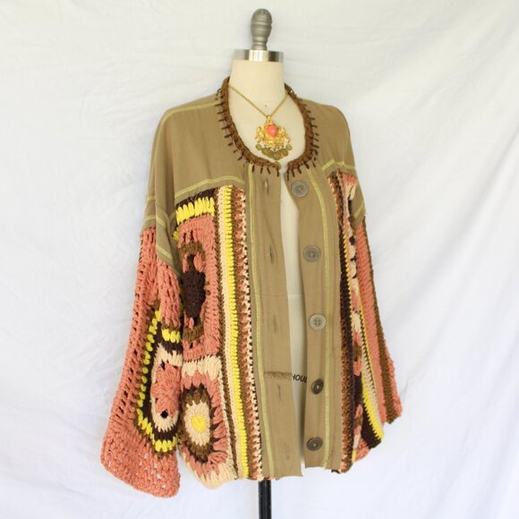 Free People No Rain Jacket cardigan granny Crochet Square Pieced Patchwork LG - Picture 7 of 11